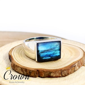 Labradorite Rectangle Signet Mens Ring: 925 Sterling Silver Handmade Statement Jewelry