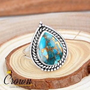 Blue Copper Turquoise Ring: Filigree 925 Sterling Silver, Handmade