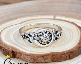 Sterling Silver Crescent Moon and Star Ring: Celtic Knot Jewelry