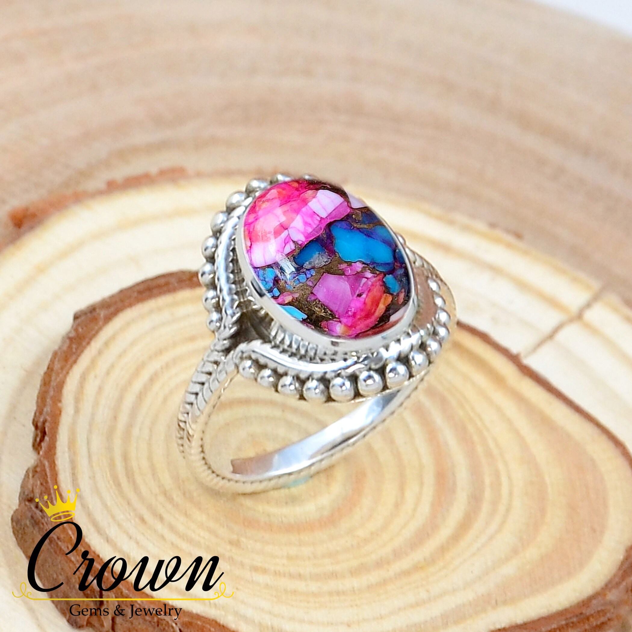 Kingman Pink Dahlia Turquoise Ring: Oval Stone 925 Sterling Silver