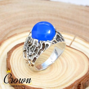 Blue Chalcedony Sterling Silver Ring: Tree Bark Texture