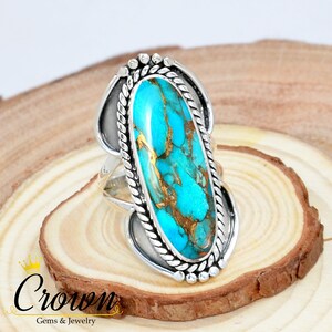 Blue Copper Turquoise Ring: Filigree 925 Sterling Silver Long Ring