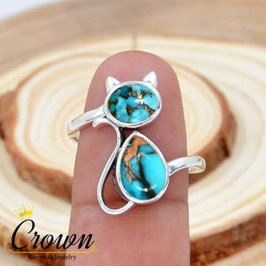 Blue Copper Turquoise Cat Ring: 925 Sterling Silver Pet Jewelry