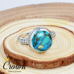 Handmade Blue Copper Turquoise Ring: 925 Sterling Silver Filigree