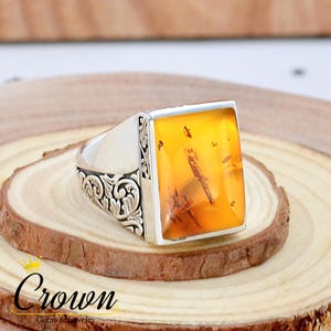 Baltic Amber Sterling Silver Men's Signet Ring, Turkish Style