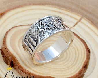 Anillo de montaña de plata esterlina: alianza para amantes de la naturaleza
