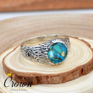 Blue Copper Turquoise Tree Bark Ring, Nature Inspired Ring, Tree Bark Design Ring, Textured Wedding Ring for Men and Women, Texture Ring