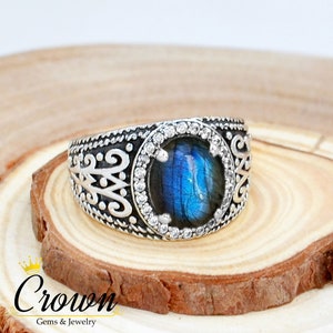 Labradorite CZ Ring: 925 Sterling Silver Turkish Mens Ring