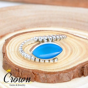 Blue Chalcedony Ring: Handmade 925 Sterling Silver Beaded Band
