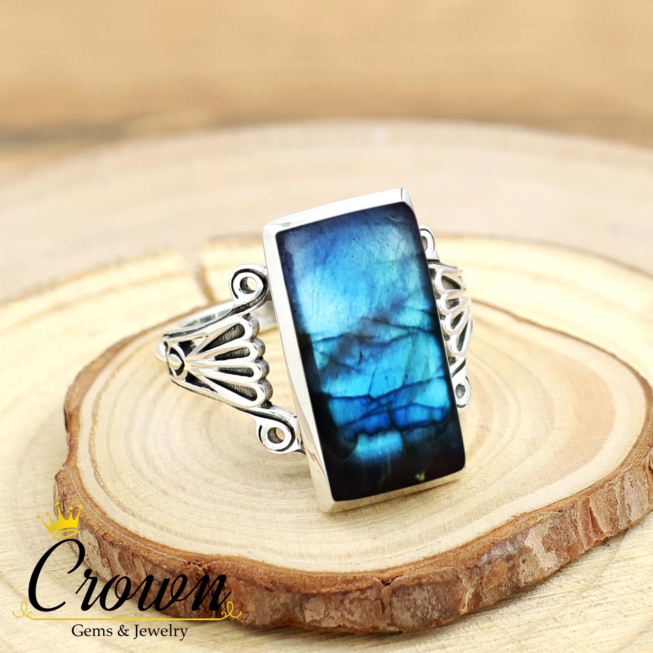 Labradorite Designer Band Ring: 925 Sterling Silver Handmade