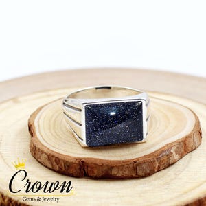Blue Goldstone Men&#39;s Ring, Silver Men&#39;s Ring, Rectangle Men&#39;s Ring, Men&#39;s Wedding Ring, 925 Sterling Silver Men&#39;s Ring, Men&#39;s Signet Ring