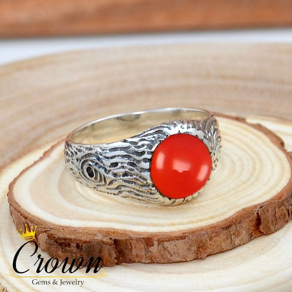 Anillo de corteza de árbol de ónix rojo, anillo inspirado en la