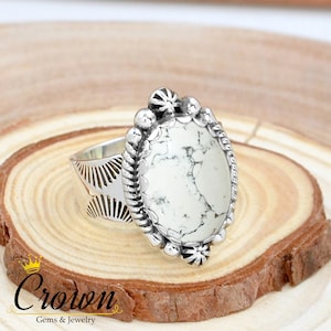 White Howlite Sterling Silver Ring: Wide Band Bohemian Floral Jewelry