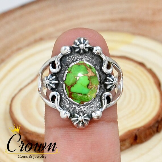 グリーンコッパーターコイズスターリングシルバーリング：ボヘミアン