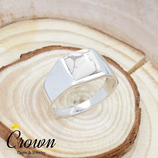 White Howlite Men's Ring, Silver Men's Ring, Handmade Men's Ring, Simple Mens Ring, 925 Sterling Silver Men's Ring, Square Signet Mens Ring