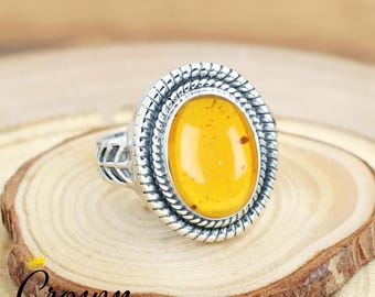 Anello Uomo Fatto A Mano In Ambra Baltica Con Pietra Arancione - Gioiello Vintage LG-1129