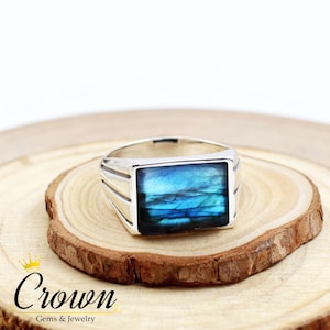 Labradorit Herren Siegelring: Rechteck 925 Sterling Silber