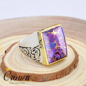 Purple Copper Turquoise Signet Ring: Sterling Silver Turkish Men&#39;s Ring