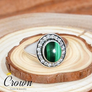 Malachite & CZ 925 Sterling Silver Ring: Women&#39;s Bridal Jewelry