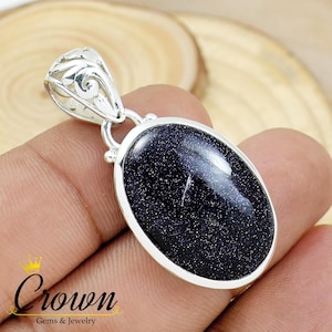 Blue Sandstone 925 Sterling Silver Pendant - Oval Boho Style