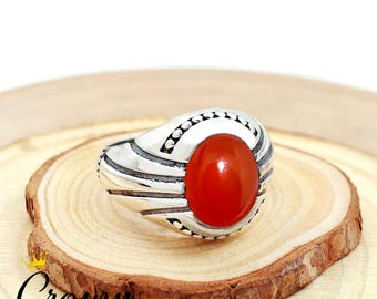 Carnelian Sterling Silver Mens Ring: Boho Wedding Jewelry