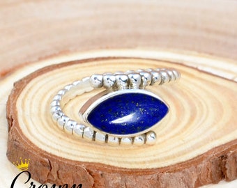 Lapis Lazuli Ring: Sterling Silver Beaded Band, Bohemian Handmade Jewelry