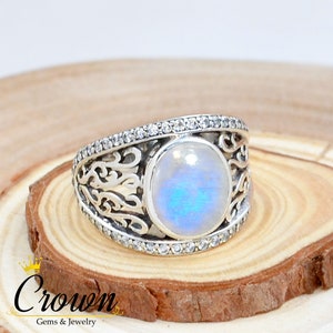 Rainbow Moonstone CZ Ring: Sterling Silver Turkish Mens Ring