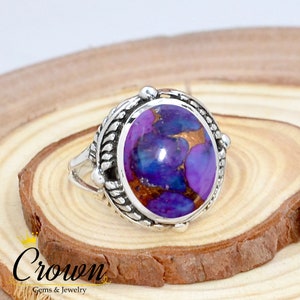 Purple Copper Turquoise Sterling Silver Ring: Leaf Design, Bohemian Jewelry