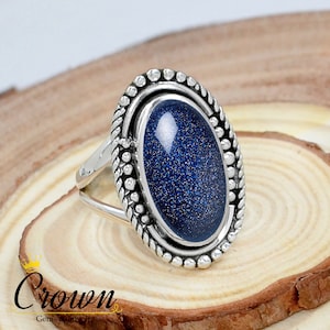 Blue Sandstone Ring: Sterling Silver Filigree, Boho Hippie Jewelry