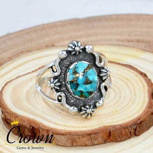 Blue Copper Turquoise Sterling Silver Ring: Boho Hippie Jewelry