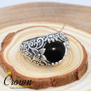 Black Onyx Sterling Silver Ring: Lotus Flower Cocktail Ring