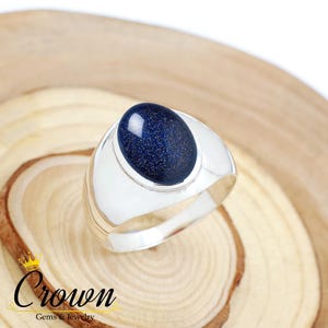 Blue Goldstone Men&#39;s Ring, Simple Men Ring, Wedding Men Ring, 925 Sterling Silver Ring, Oval Shape Men Ring, Gift for Him, Father&#39;s Day Gift