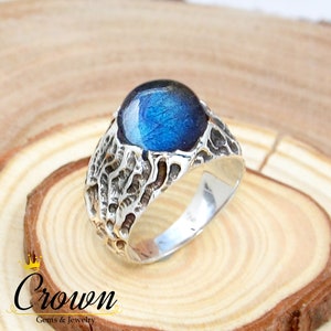Labradorite Tree Bark Ring: Sterling Silver Nature Inspired Band