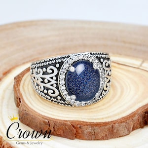 Blue Goldstone and CZ Ring, Mens Ring, Turkish Men&#39;s Ring, Sterling Silver Ring, Engagement Ring for Men, Modern Mens Ring, Mens Ring Silver