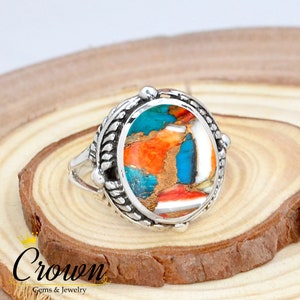 Oyster Copper Turquoise Ring, Spiny Oyster Turquoise Ring, Leaf Ring, 925 Sterling Silver Ring, Statement Ring, Dainty Ring, Handmade Ring