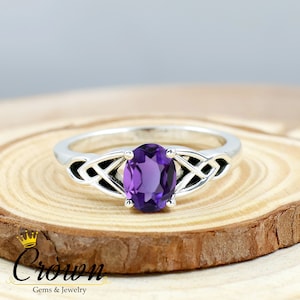 Sterling Silver Celtic Knot Ring: Amethyst Triquetra Wedding Ring