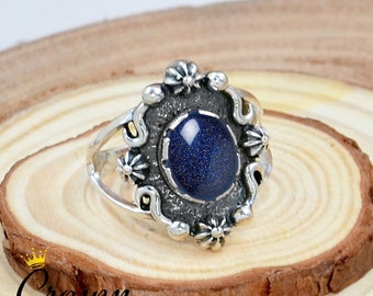 Blue Sandstone Ring: Sterling Silver Boho Statement Ring