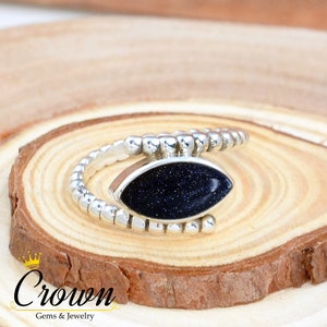 Blue Goldstone Ring: Handmade 925 Sterling Silver Beaded Band