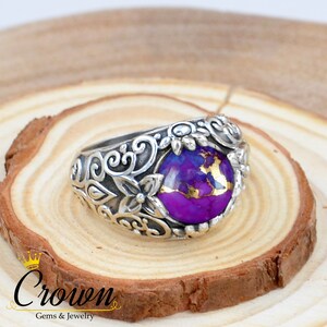 Purple Copper Turquoise Ring: Sterling Silver Floral Band