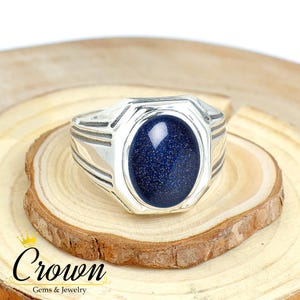 Blue Goldstone Men&#39;s Ring, Simple Men Ring, Wedding Mens Ring, 925 Sterling Silver Ring, Oval Shape Men Ring, Gift for Him, Fathers Day Gift