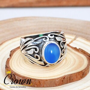 Blue Chalcedony Leaf Ring: Sterling Silver Unisex Design