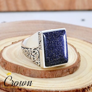 Blue Sandstone Men&#39;s Ring, Blue Goldstone 925 Sterling Silver Ring, Stylish Design Ring, Turkish Men&#39;s Ring, Signet Men&#39;s Ring, Gift for Him