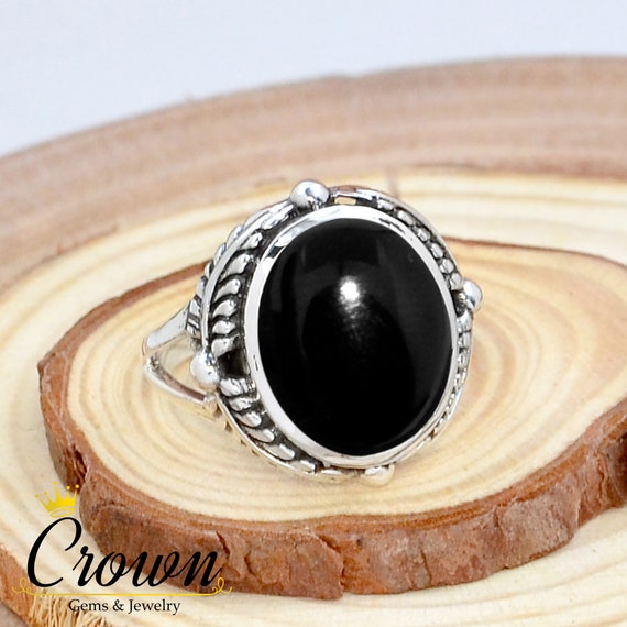 Black Onyx Leaf Ring: Handmade 925 Sterling Silver Bohemian