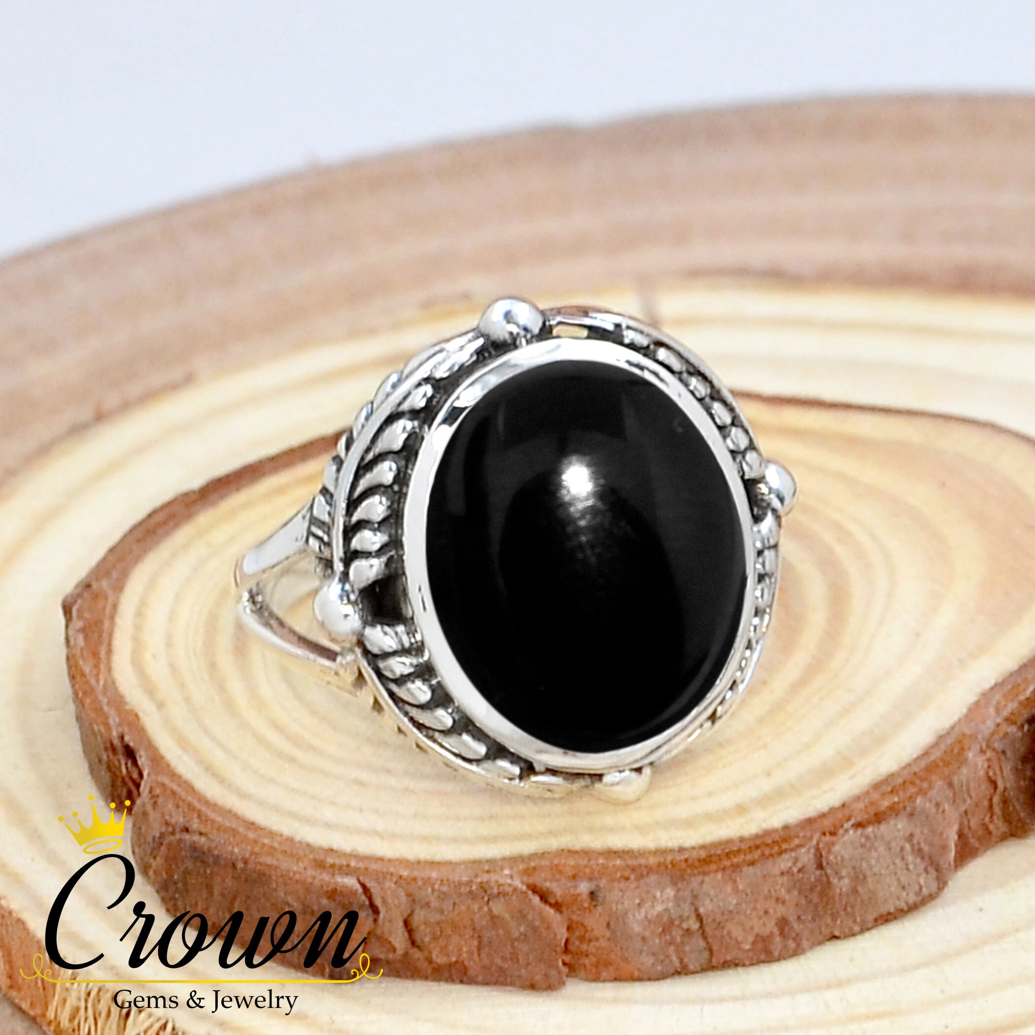 Black Onyx Leaf Ring: Handmade 925 Sterling Silver Bohemian