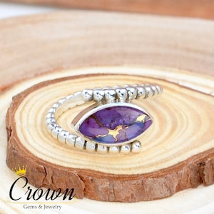 Purple Copper Turquoise Ring: Marquise Sterling Silver Beaded Band