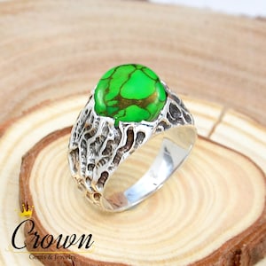 Sterling Silver Green Copper Turquoise Ring: Tree Bark Texture