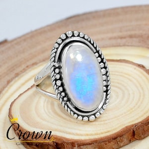 Rainbow Moonstone 925 Sterling Silver Ring - Filigree Boho Hippie Jewelry