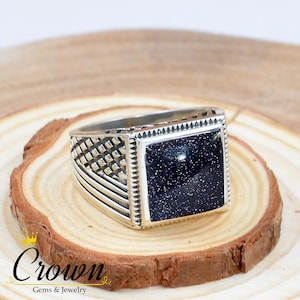 Blue Goldstone Men&#39;s Ring, Dainty Men&#39;s Ring, Promise Ring, 925 Sterling Silver Men Ring, Father&#39;s Day Gift, Weddng Ring Men, Gift for Him