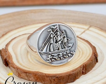 Handmade Sterling Silver Sailing Ship Signet Ring: Unisex Nautical Jewelry