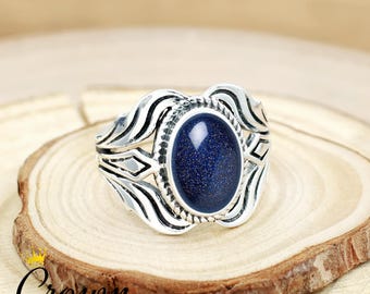 Blue Goldstone 925 Sterling Silver Ring: Designer Wedding Jewelry
